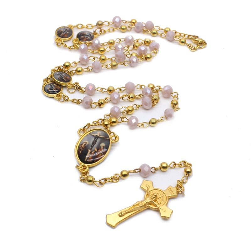 QIGO Crystal Rosary Necklace For Women Long Gold Cross Pendant Religious Jewelry QIGO Crystal Rosary Necklace For Women Long Gold Cross Pendant Religious Jewelry